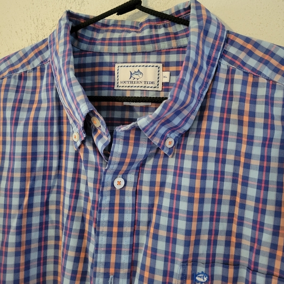Southern Tide Classic Fit Cotton Buttondown - Plaid blues/coral - Picture 2 of 7